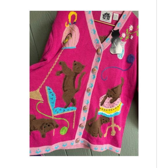 NWT Vintage Stonybrook Knits Cat Cardigan Whimsical Pink Kitten Sweater | Size L - Picture 3 of 7